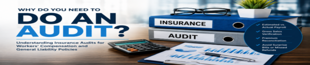 Business insurance premium audit illustration showing insurance and audit binders, a calculator, and financial reports with the headline, "Why Do You Need to Do an Audit?" The image represents workers' compensation and general liability insurance audits for businesses.