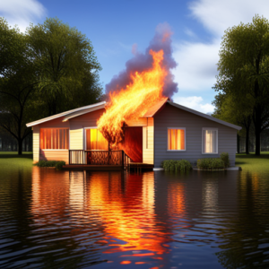 House on fire and submerged in flood waters to illustrate the effects Non Concurrent Causation Clause on a homeowners insurance policy