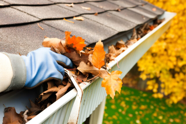 Picture of gloved hand cleaning a gutter Gutter Cleaning is important for Fall home maintenance | Huff Insurance, Pasadena, MD