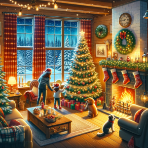 Cozy holiday scene in a living room decorated for Christmas, for Huff Insurance's blog in Pasadena, MD. Features include a decorated tree with lights, a fireplace with stockings, and a snowy view outside. A family enjoys the setting safely, with a parent and child decorating the tree and an adult with a dog by the fire, encapsulating holiday safety and joy."