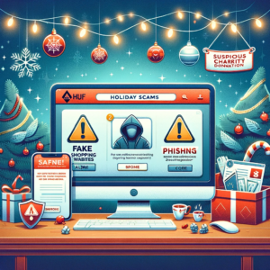 Illustration of holiday scams awareness, featuring a computer screen with fake shopping site warnings, phishing email alerts, and dubious charity donation requests, set against a festive background with Huff Insurance logo for online safety during the holiday season