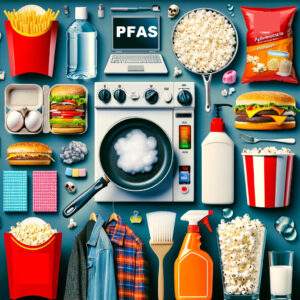 Assorted everyday items potentially containing PFAS, including fries, bottled water, a laptop with 'PFAS' on the screen, popcorn, fast food, a non-stick pan with foam, clothing, and cleaning products, with 'PFAS' prominently displayed for a Huff Insurance blog on PFAS Insurance Exclusions