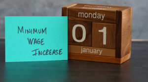 Wooden calendar displaying January 1st alongside a note stating 'Minimum Wage Increase,' symbolizing the new policy start date for the blog post 'Navigating the Wave of Change: Minimum Wage Effects on Insurance for Business Owners Blog by Huff Insurance