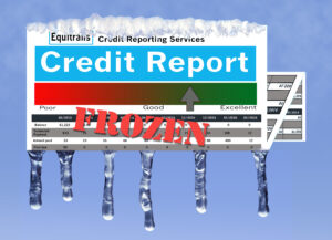 Illustrative graphic showing a 'Credit Report' sign with icicles and the word 'FROZEN' across it, symbolizing credit report freezing as a measure to prevent fraud, presented by Huff Insurance in Pasadena, MD