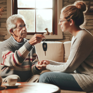 Elderly person in their late 70s with gray hair and glasses, seated in a living room, handing car keys to an adult child in their 40s or 50s. The adult child, displaying a compassionate expression, gently accepts the keys. They are sitting across from each other with a small coffee table in between, in a cozy room with family photos on the wall and a window with curtains. The image conveys a caring, supportive moment of transition and understanding, relevant to the Huff Insurance blog topic 'When Should You Stop Driving?