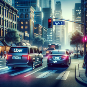 Urban street scene showing a marked Uber car and a Lyft car driving responsibly on a city road, with clear traffic lights, a pedestrian crosswalk, and people walking on sidewalks, conveying a sense of safety and reliability in ride-sharing | Huff Insurance Blog