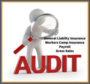 3D figure holding a magnifying glass over the word 'AUDIT' with text listing general liability insurance, workers comp insurance, payroll, and gross sales. Understand assumed insurance audits for workers comp and general liability with Huff Insurance in Pasadena, MD. Learn how to mitigate business impacts.