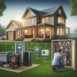 A homeowner testing a home generator in their backyard, checking a standalone generator in the garage, and inspecting a battery backup system for a sump pump in the basement. Homeowner testing home backup systems including a home generator, standalone generator, and battery backup for sump pump. Huff Insurance, Maryland.