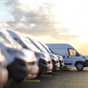 Fleet of business rental vans lined up at sunset - Ensure your business auto insurance covers rental vehicles with Huff Insurance in Maryland