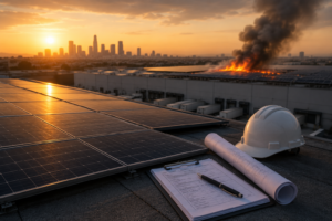 Commercial rooftop solar panels overlook a large warehouse fire in the distance, illustrating how a single incident can lead to significant business liability insurance claims, property damage, legal expenses, and financial losses for contractors and business owners.