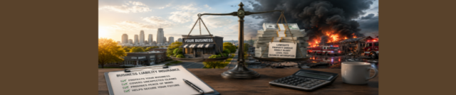 Balance scale comparing a small business against stacks of financial losses from lawsuits, property damage, and business interruption, demonstrating how much business liability insurance may be needed to protect a company from catastrophic claims and legal risks.