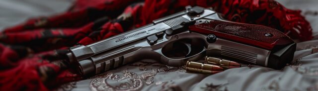 Loaded handgun resting on a bed with ammunition nearby, highlighting the importance of secure firearm storage and gun safety in the home. Huff Insurance promotes responsible gun ownership and safety practices in Maryland