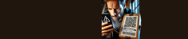 Person scanning a QR code on a mysterious package, highlighting caution around QR code scams. Huff Insurance tips on QR code scams