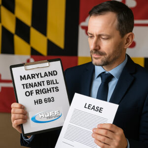  Landlord in Maryland reviewing Maryland Tenant Bill of Rights HB 693 with lease and Huff Insurance branding in front of Maryland flag.