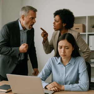 Office employees in a tense workplace environment, with one worker looking distressed while two colleagues argue in the background. This image illustrates a hostile work environment scenario where Employment Practices Liability Insurance (EPLI) can protect businesses from employee lawsuits such as harassment, discrimination, or wrongful termination claims
