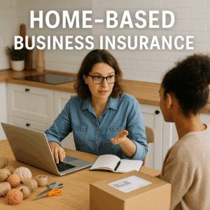 Two women discussing a home-based business at a kitchen table with laptop, shipping box, and craft supplies, illustrating the need for home-based business insurance.