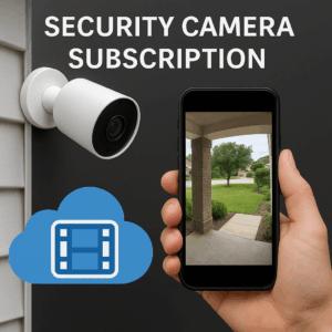 A white security camera mounted on a home with a smartphone displaying live footage and a cloud storage icon, representing a security camera subscription and cloud video storage benefits. Created for Huff Insurance in Maryland