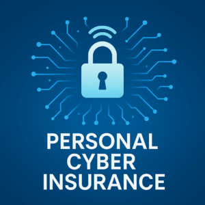 Digital illustration showing a glowing padlock surrounded by blue circuit lines, symbolizing cybersecurity and data protection. The phrase "Personal Cyber Insurance" appears in bold white text below, representing protection for individuals and families against online threats.