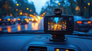Dash cam mounted in a business vehicle recording traffic during rainy evening in Maryland, showing how dash cams for business vehicles enhance safety and support insurance claims – Huff Insurance.