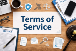 Terms of Service page image showing legal documents, a clipboard with a contract, a gavel, and office items on a desk, representing website terms and conditions for an insurance agency.