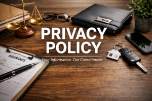 Privacy policy page image showing a desk with insurance documents, keys, and office items representing data protection and confidentiality.