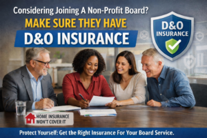 Nonprofit board members reviewing documents at a meeting with a D&O insurance shield graphic, highlighting the importance of non-profit directors and officers insurance for nonprofit board service