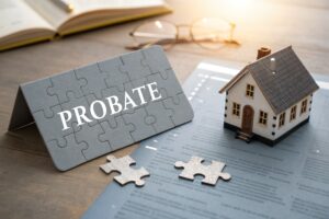 Probate concept image showing a puzzle-style sign labeled 'Probate' next to a small model house on legal documents, representing estate administration and real property settlement.