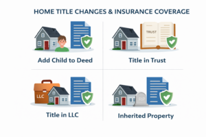 Infographic titled “Home Title Changes & Insurance Coverage” showing four common property transfer types: Add Child to Deed, Title in Trust, Title in LLC, and Inherited Property. Each section includes a house icon with legal or insurance symbols, illustrating how changes in home ownership can impact homeowners insurance and liability coverage.