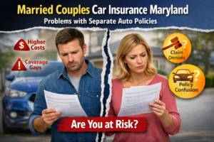 Concerned married couple reviews separate auto insurance documents; highlights risks of married couples car insurance Maryland, Huff Insurance.