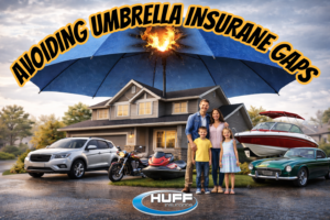Huff Insurance image of a family and multiple assets under a damaged umbrella, representing avoiding gaps in umbrella insurance coverage.
