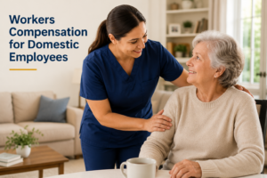 Professional caregiver assisting an elderly woman at home representing Workers Compensation Insurance for Domestic Employees including caregivers, nannies, and household workers.