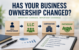 Illustration of business entity transitions showing Sole Proprietorship, LLC, Corporation, and Partnership structures connected by directional arrows, alongside an insurance review checklist. The image emphasizes the importance of reviewing commercial insurance coverage when a business ownership change occurs, including updates to named insureds, completed operations protection, and continuity of coverage. Huff Insurance Maryland business insurance guidance for companies undergoing ownership or legal structure changes.