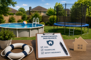 Homeowners insurance pool and trampoline coverage illustration featuring an above-ground swimming pool and trampoline in a residential backyard, highlighting the importance of notifying your insurance company about property changes that may affect coverage, eligibility, or premiums.
