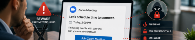 Business professional reviewing a suspicious Zoom meeting invitation on a laptop while cybersecurity warnings highlight a Zoom phishing scam involving fake meeting links, malware, stolen credentials, and data theft risks.