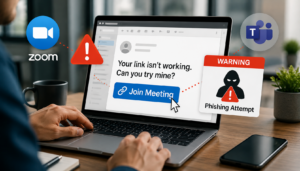 Illustration of a Zoom phishing scam targeting business professionals through a fake online meeting link, highlighting cybersecurity risks, social engineering tactics, and the importance of phishing awareness.
