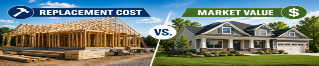 Replacement cost vs. market value comparison showing a home under construction next to a completed home, explaining why homeowners insurance is based on rebuilding costs instead of market value.