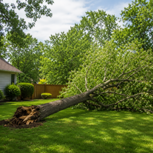 Fallen tree lying in a residential backyard without damaging the home, illustrating a situation where homeowners insurance may not cover tree removal.  Does homeowners insurance pay to remove a tree that falls in your yard without causing damage? This image shows a fallen tree on a lawn with no damage to the home, a situation that is often not covered by a standard homeowners insurance policy.