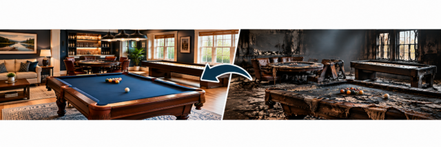 Huff Insurance Maryland replacement cost coverage for personal property banner showing a restored game room on the left, fire-damaged room on the right, and a left-pointing arrow.